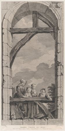 The Chapel of the Enfants-Trouvés in Paris: Religieuse et petites filles regardant la crèc..., 1756. Creator: Etienne Fessard