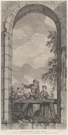 The Chapel of the Enfants-Trouvés in Paris: Religieuses et garçonnets regardant la crèche,..., 1757. Creator: Etienne Fessard
