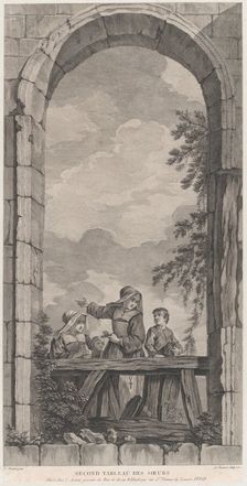 The Chapel of the Enfants-Trouvés in Paris: Religieuses et garçonnets regardant la crèche,..., 1757. Creator: Etienne Fessard