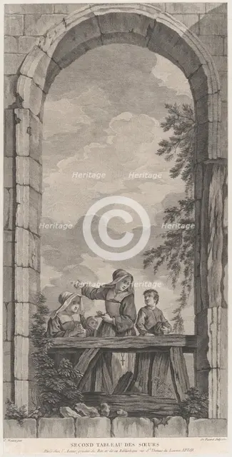 The Chapel of the Enfants-Trouvés in Paris: Religieuses et garçonnets regardant la crèche,..., 1757. Creator: Etienne Fessard.