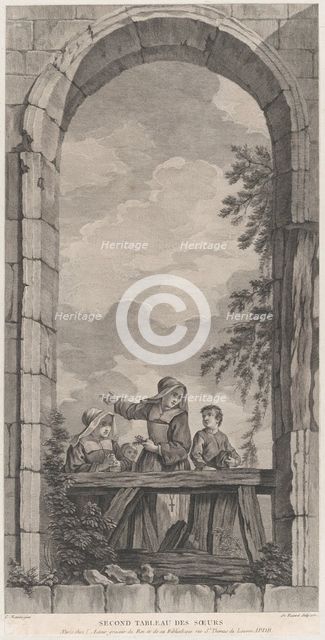 The Chapel of the Enfants-Trouvés in Paris: Religieuses et garçonnets regardant la crèche,..., 1757. Creator: Etienne Fessard.