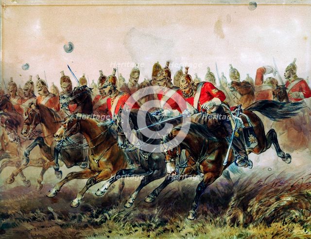 The Charge of the Light Brigade during the Battle of Balaclava, 1854. Artist: Hayes, Michael Angelo (1820-1877)