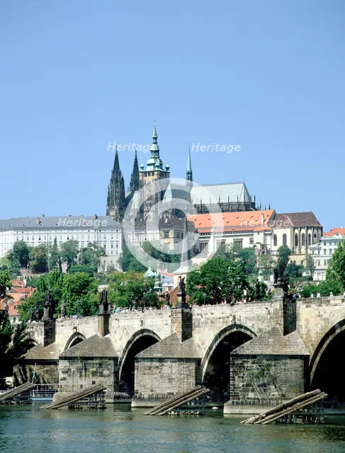 The Charles Bridge the castle and St Vitus Cathedral, Prague, Czech Republic. Creator: Peter Thompson.