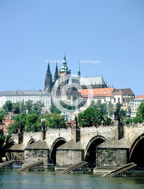 The Charles Bridge the castle and St Vitus Cathedral, Prague, Czech Republic. Creator: Peter Thompson.