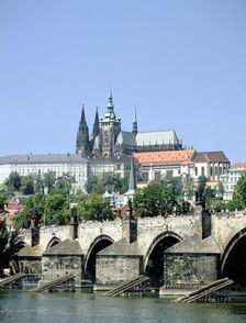 The Charles Bridge the castle and St Vitus Cathedral, Prague, Czech Republic