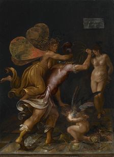 The chastisement of love (Cupid is whipped by Mars, pursued by a fury), End of 16th century. Creator: Mainardi, Camillo (1544/49-1608)