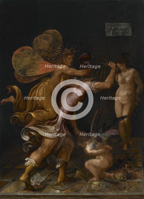 The chastisement of love (Cupid is whipped by Mars, pursued by a fury), End of 16th century. Creator: Mainardi, Camillo (1544/49-1608).