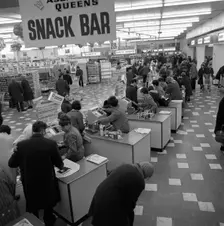 The check-out area of the ASDA supermarket in Rotherham, South Yorkshire, 1969. Creator: Michael Walters