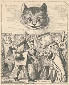 The Cheshire Cat looking down at the Red King and Queen having an argument 1889. Artist: John Tenniel