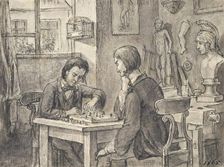 The chess players in the sculptor's studio, around 1870. Creator: Joseph Eugen Horwarter