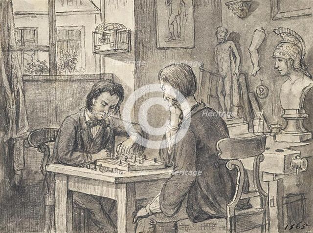 The chess players in the sculptor's studio, around 1870. Creator: Joseph Eugen Horwarter.