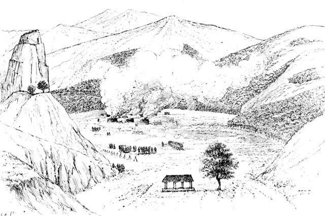 The Chin Expedition: burning of the village of Dimpi, in the Kanhow country, after its capture, 1890 Creator: Unknown.