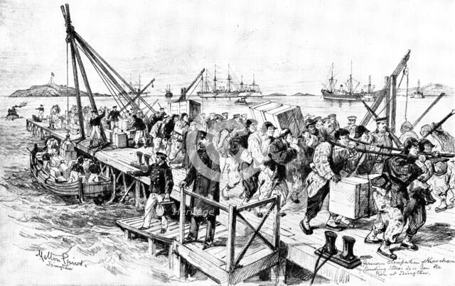 The Chinese Question: Germans landing stores at Tsingtan for Kiao-Chau, 1898. Creator: Unknown.