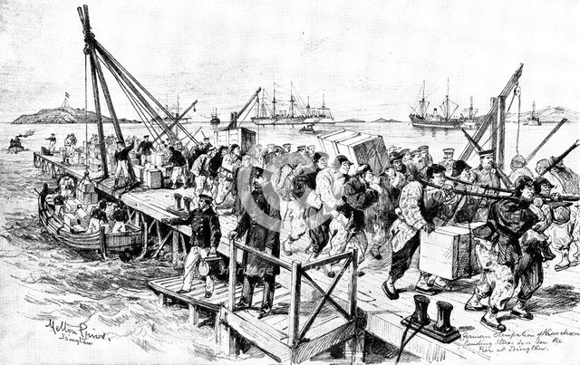 The Chinese Question: Germans landing stores at Tsingtan for Kiao-Chau, 1898. Creator: Unknown.