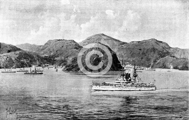 The Chinese Question: H.M.S. "Centurion" passing Talien-Wan Bay, now occupied by Russia, 1898. Creator: George Meisenbach.