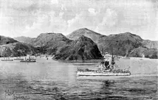 The Chinese Question: H.M.S. "Centurion" passing Talien-Wan Bay, now occupied by Russia, 1898. Creator: George Meisenbach