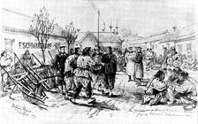 The Chinese Question: the German Occupation of Kiao-Chau: paying Chinese wheelbarrow men..., 1898. Creator: Unknown