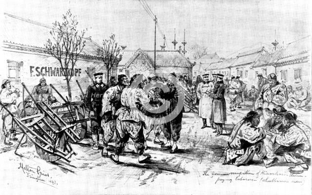 The Chinese Question: the German Occupation of Kiao-Chau: paying Chinese wheelbarrow men..., 1898. Creator: Unknown.