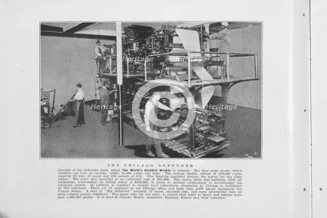 The Chicago Defender; Interior of the Defender plant, where the world's greatest weekly..., 1925. Creator: Unknown.