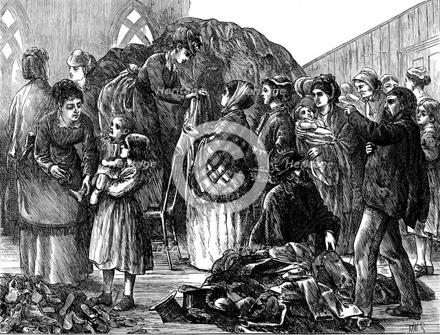The Chicago Fire: Ladies of Chicago supplying the refugees with clothing, 1871. Creator: Unknown.