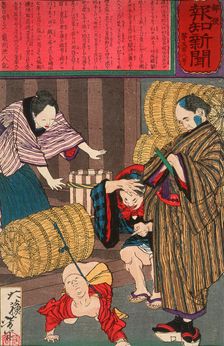 The Child of Horisaka Sahei Tied to a Rice Bale, 1875. Creator: Tsukioka Yoshitoshi