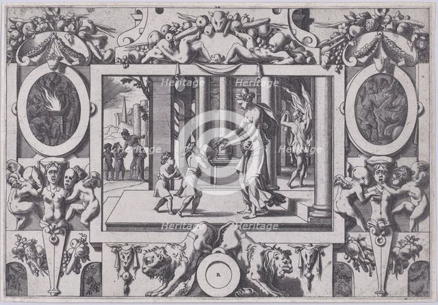 The Children of Medea and Jason Give Creusa the Fatal Present (Par ses deux fils à l'épous..., 1563. Creator: Rene Boyvin.