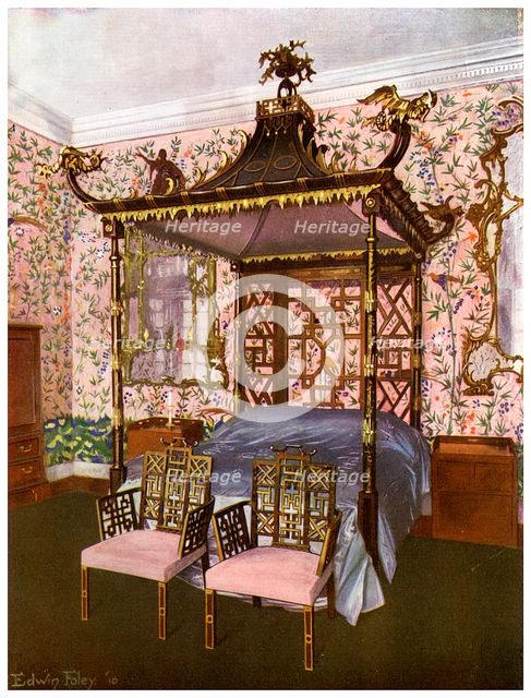 The Chippendale Chinese Bedroom, Badminton House, Gloucestershire, 1911-1912.Artist: Edwin Foley