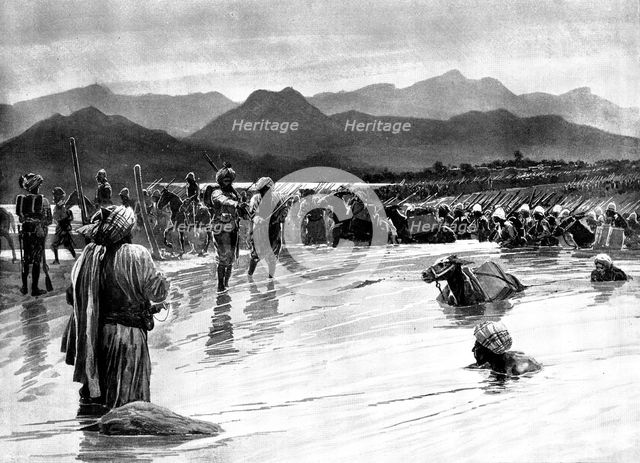 The Chitral Expedition: fording the Swat River...village of Chatedarra in the background, 1895. Creator: Unknown.