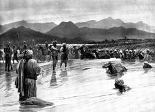 The Chitral Expedition: fording the Swat River...village of Chatedarra in the background, 1895. Creator: Unknown