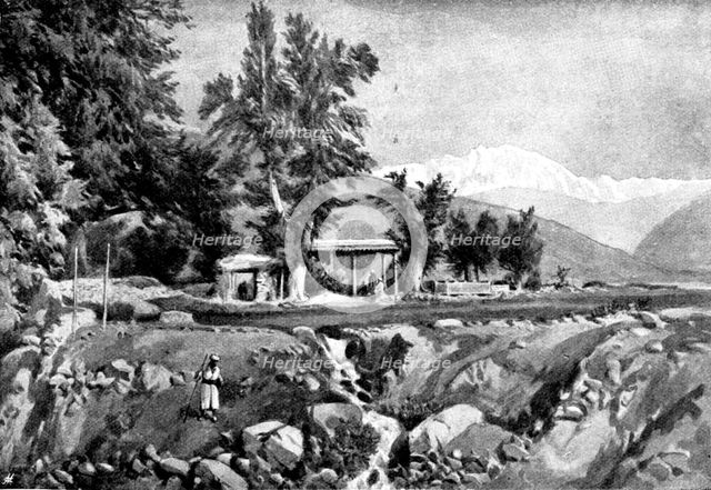 The Chitral Expedition: Musjid in the Serai, Chitral: the Mountain Trichmir in the distance, 1895. Creator: George Meisenbach.