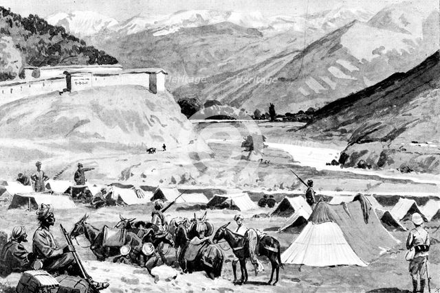 The Chitral Expedition: post of Janbatai, on the road to Dir, looking up the Barawal Valley, 1895. Creator: George Meisenbach.