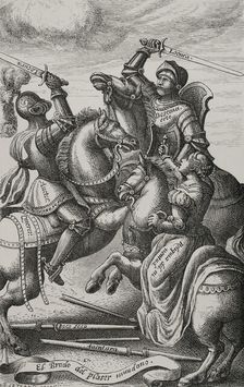 The chivalry represented by allegorical characters, 1553, (1877). Creator: Jules Jean Marie Joseph Huyot