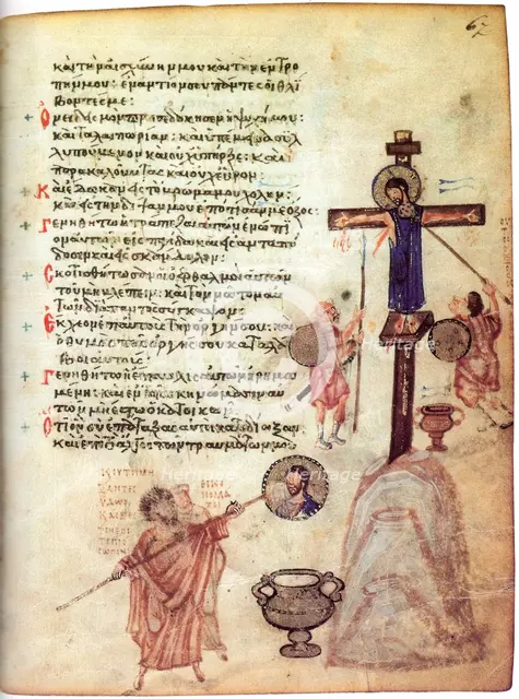 The Chludov Psalter. John VII, iconoclast Patriarch of Constantinople, erasing an image of..., c850. Creator: Byzantine Master ().