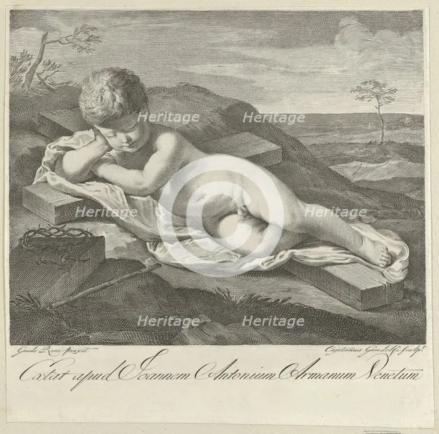 The Christ Child sleeping on a cross in a landscape, crown of thorns in the foreground,..., 1765-80. Creator: Gaetano Gandolfi.