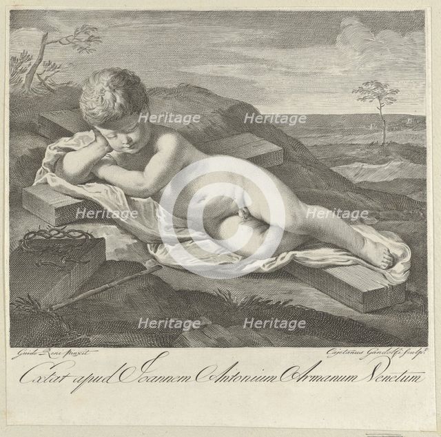 The Christ Child sleeping on a cross in a landscape, crown of thorns in the foreground,..., 1765-80. Creator: Gaetano Gandolfi.