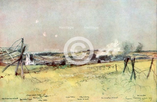 'The Church of Ablain and Souchez', Artois, France, 19 June 1915, (1926).Artist: Francois Flameng