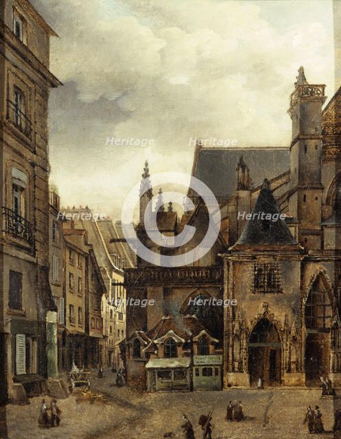 The church of Saint-Germain-l'Auxerrois and rue Chilpéric, around 1840, now Place du Louvre... Creator: Unknown.