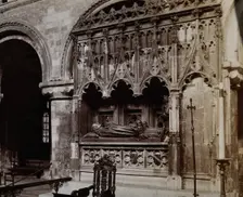 The church of St Bartholomew the Great: interior view showing Rahere's monument, c1900s. Creator: Rev CF Fison