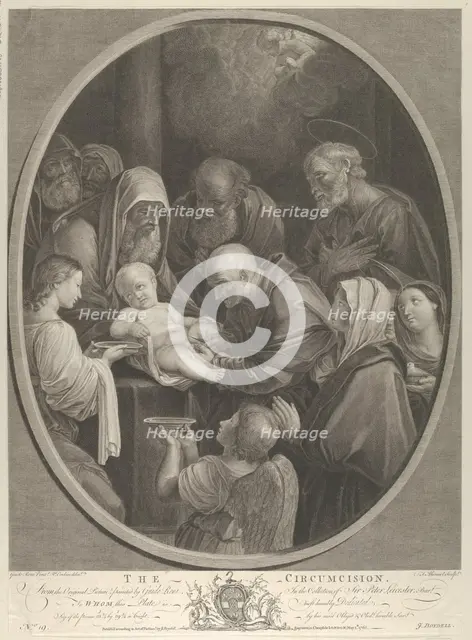 The Circumcision of Christ, a group of men and women surrounding him, an angel in the fore..., 1765. Creators: Richard Earlom, François Germain Aliamet.