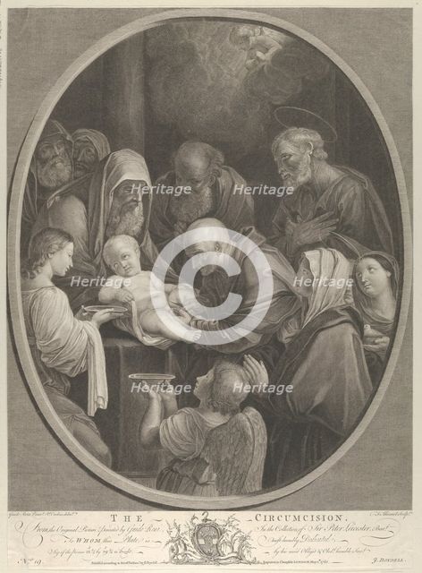 The Circumcision of Christ, a group of men and women surrounding him, an angel in the fore..., 1765. Creators: Richard Earlom, François Germain Aliamet.