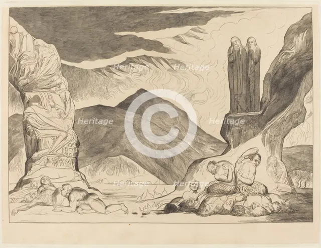 The Circle of the Falsifiers: Dante and Virgil Covering their Noses because of the stench, 1827. Creator: William Blake.