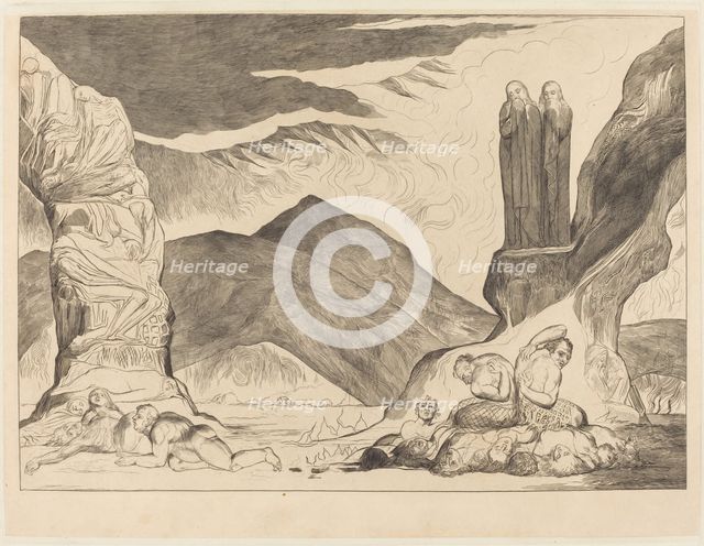 The Circle of the Falsifiers: Dante and Virgil Covering their Noses because of the stench, 1827. Creator: William Blake.