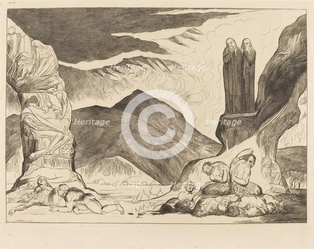The Circle of the Falsifiers: Dante and Virgil Covering their Noses because of the stench, 1827. Creator: William Blake.
