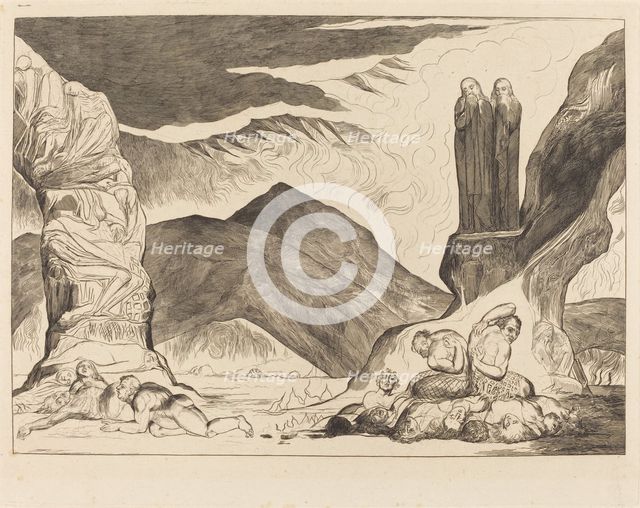 The Circle of the Falsifiers: Dante and Virgil Covering their Noses because of the stench, 1827. Creator: William Blake.