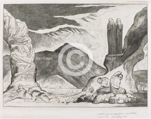 The Circle of the Falsifiers: Dante and Virgil Covering their Noses because of the stench, 1827. Creator: William Blake.