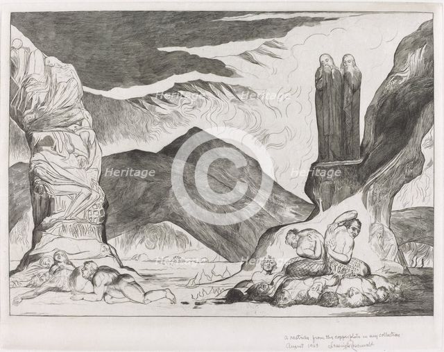 The Circle of the Falsifiers: Dante and Virgil Covering their Noses because of the stench, 1827. Creator: William Blake.
