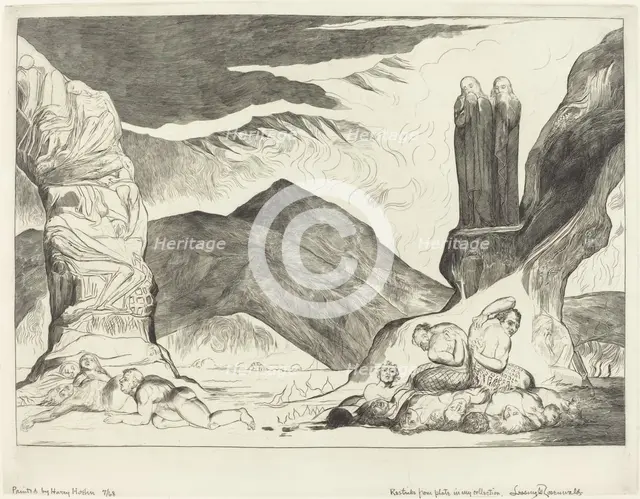 The Circle of the Falsifiers; Dante and Virgil Covering their Noses because of the stench, 1827. Creator: William Blake.