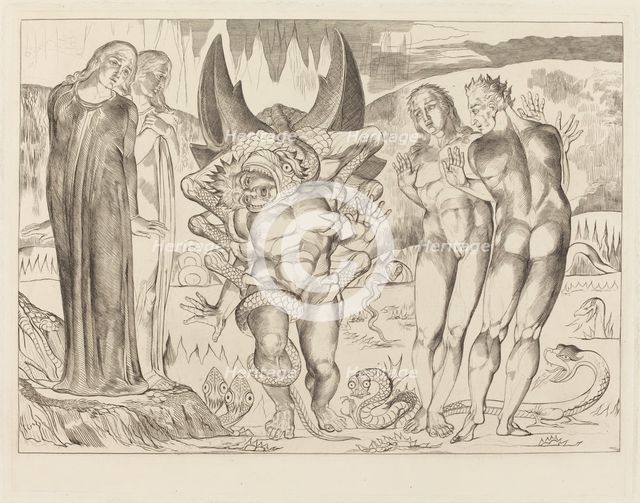 The Circle of the Thieves; Agnolo Brunelleschi Attacked by a Six-Footed Serpent, 1827. Creator: William Blake.