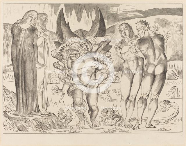 The Circle of the Thieves; Agnolo Brunelleschi Attacked by a Six-Footed Serpent, 1827. Creator: William Blake.