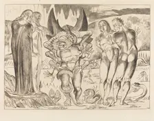 The Circle of the Thieves; Agnolo Brunelleschi Attacked by a Six-Footed Serpent, 1827. Creator: William Blake